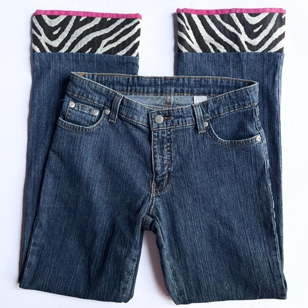 Y2K Low Rise Cuffed Flare Jeans Blue‎ Denim with Zebra Fabric & Pink Trim Sz 4